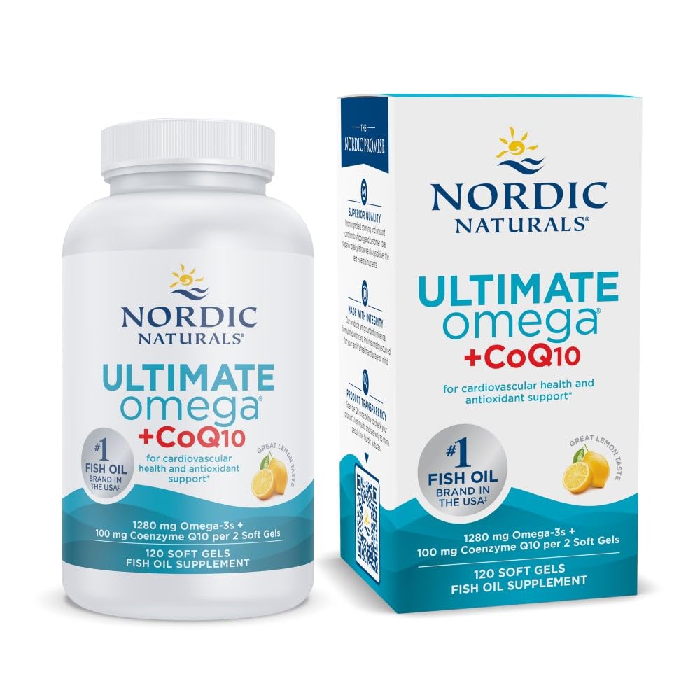 Nordic Naturals Ultimate Omega + CoQ10 lemon bottle front supports heart health.
