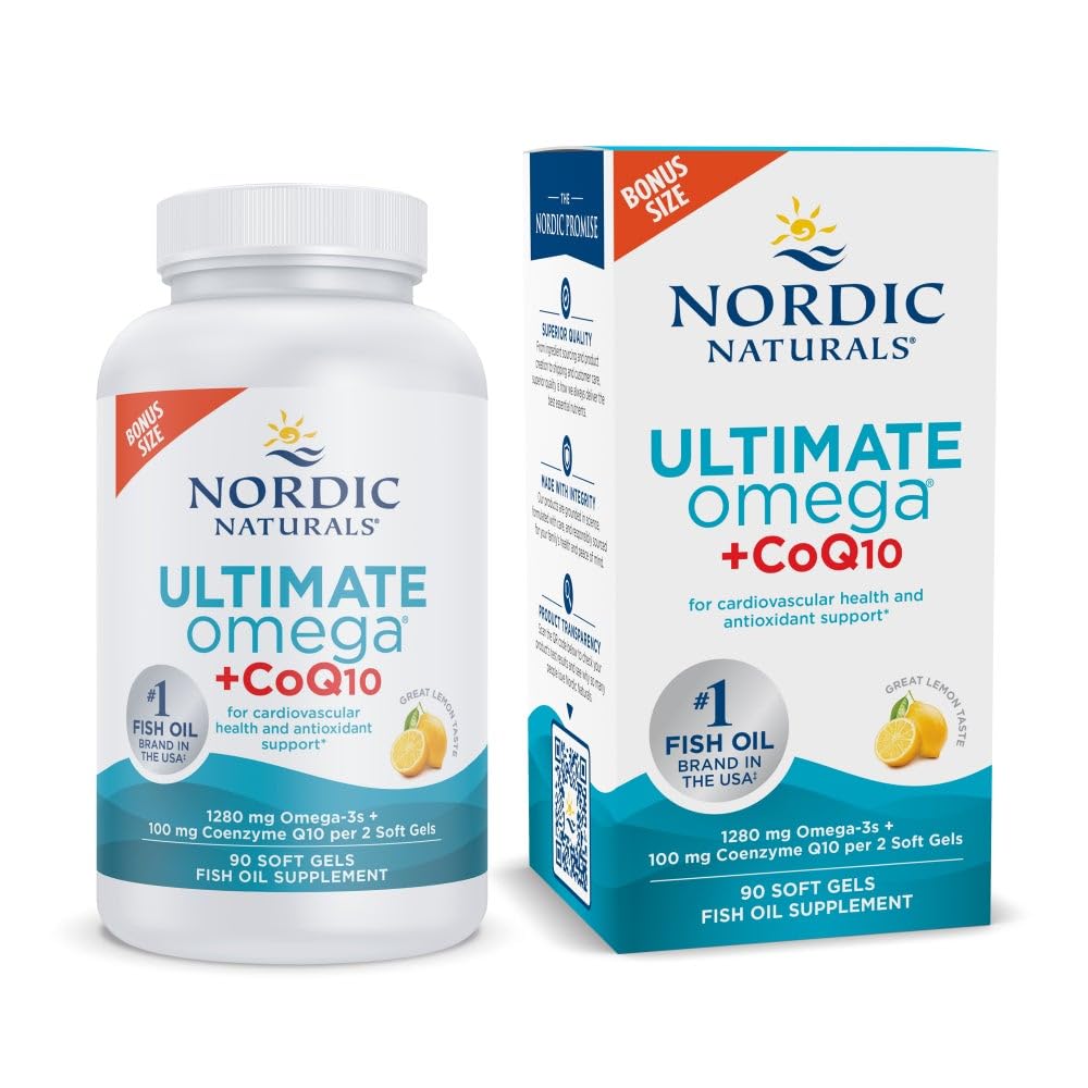 Nordic Naturals Ultimate Omega + CoQ10 lemon bottle front highlights heart health support