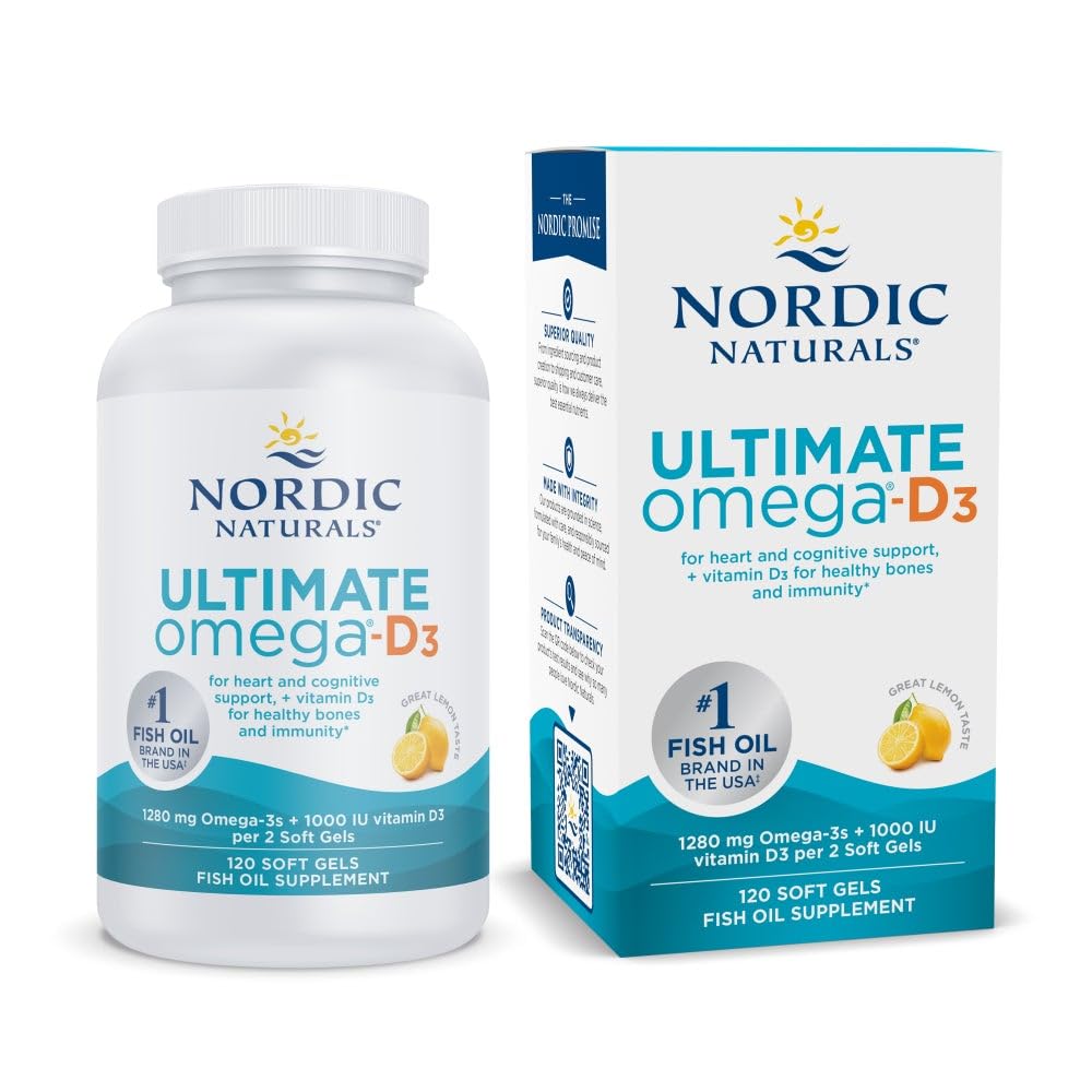 Nordic Naturals Ultimate Omega-D3 lemon bottle on a kitchen counter for daily omega-3 intake