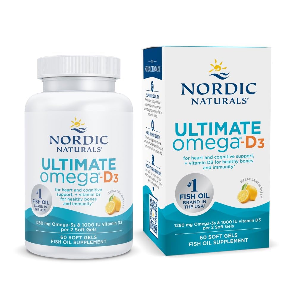 Nordic Naturals Ultimate Omega-D3 Lemon softgels bottle supports daily heart and brain health.