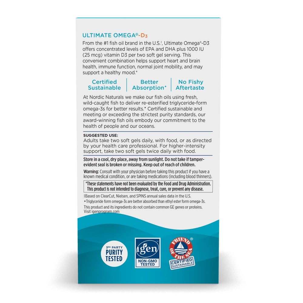 Pouring Nordic Naturals Ultimate Omega-D3 Lemon softgels for convenient daily dosing.