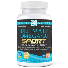 Nordic Naturals Ultimate Omega-D3 Sport bottle on counter supports joint mobility and focus