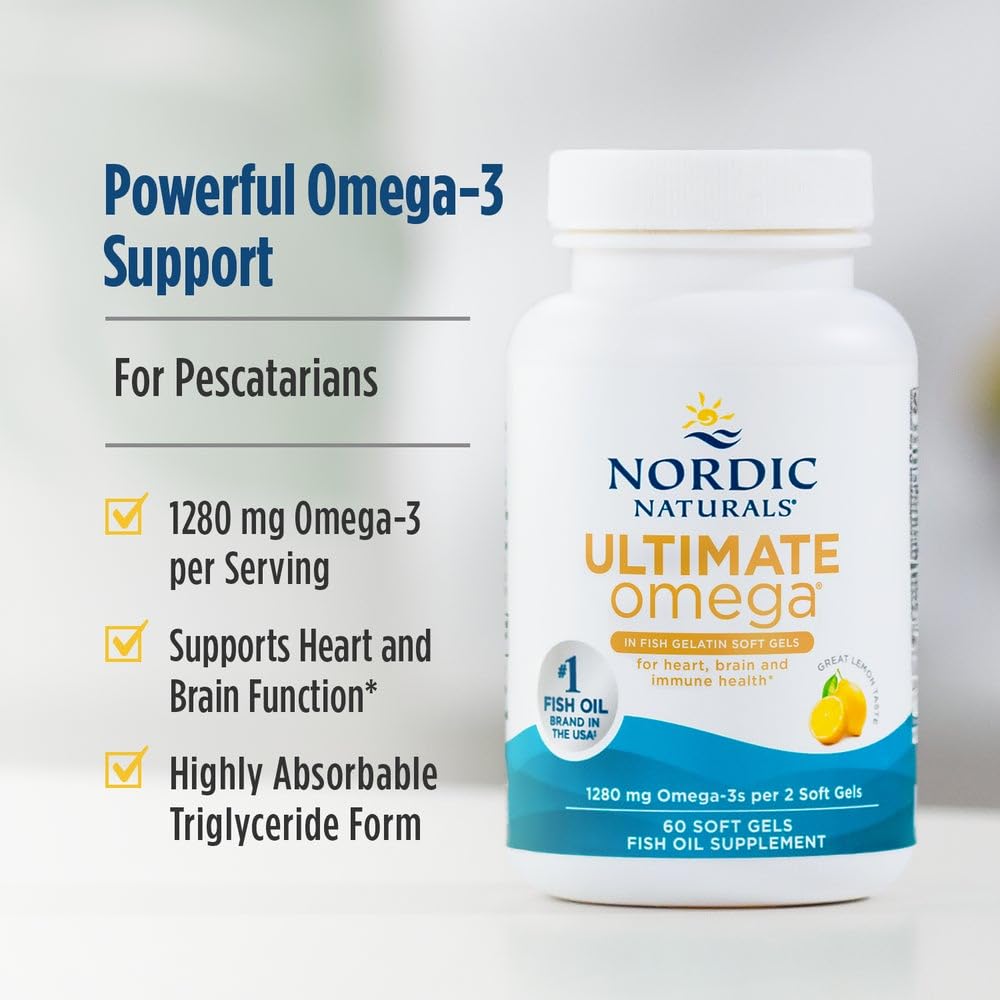 Nordic Naturals Ultimate Omega lemon bottle on counter shows non-GMO and gluten-free ingredients