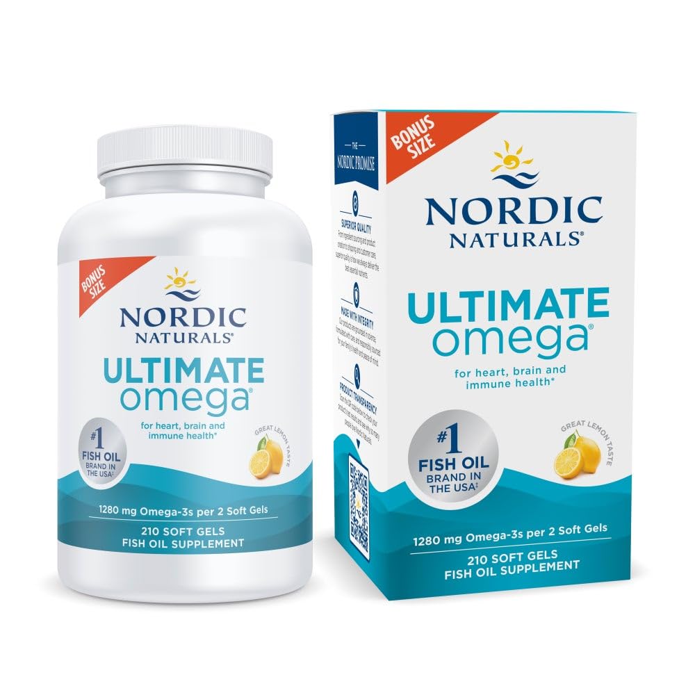 Nordic Naturals Ultimate Omega lemon bottle on shelf suggesting heart and brain support.
