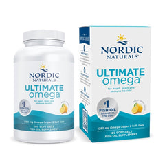 Nordic Naturals Ultimate Omega lemon bottle on kitchen counter for daily supplement routine.