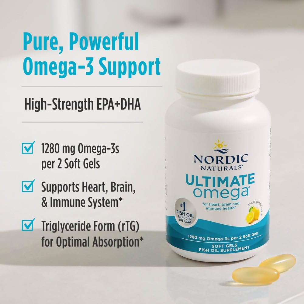 Nordic Naturals Ultimate Omega lemon packaging on countertop emphasizing packaging quality.