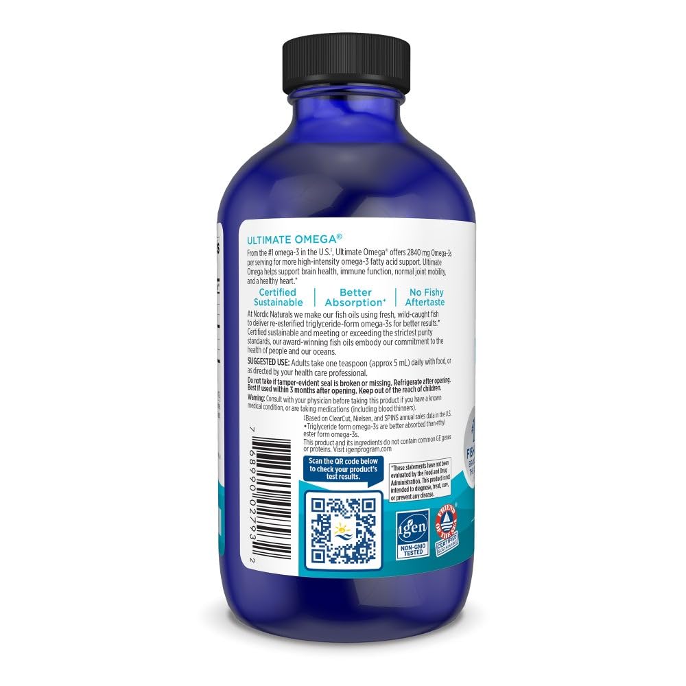 Nordic Naturals Ultimate Omega Liquid lemon label: transparent purity and non-GMO ingredients.