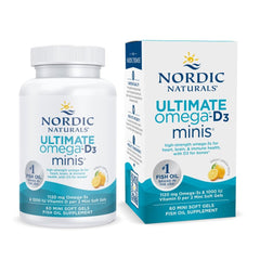 Nordic Naturals Ultimate Omega Mini D3 bottle front with lemon label for easy daily use