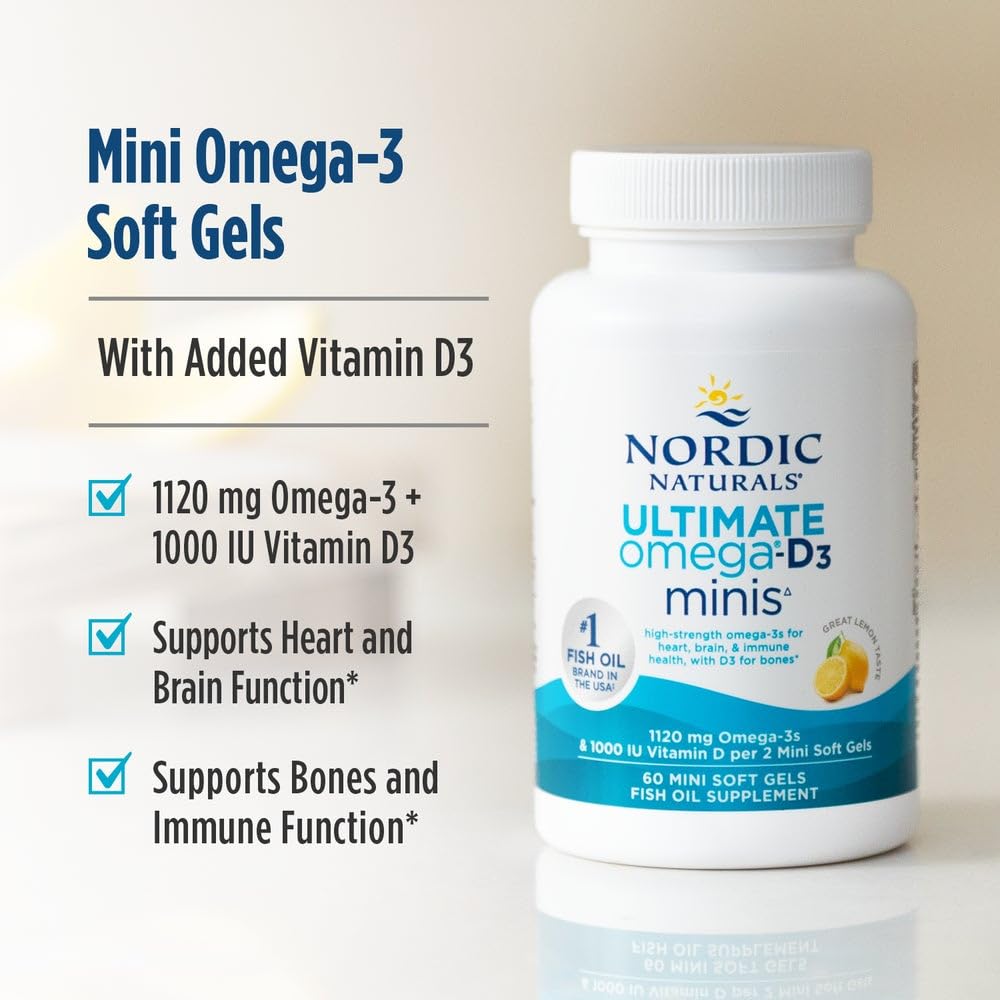 Nordic Naturals Ultimate Omega Mini D3 image focusing on EPA and DHA content for brain and heart wellness