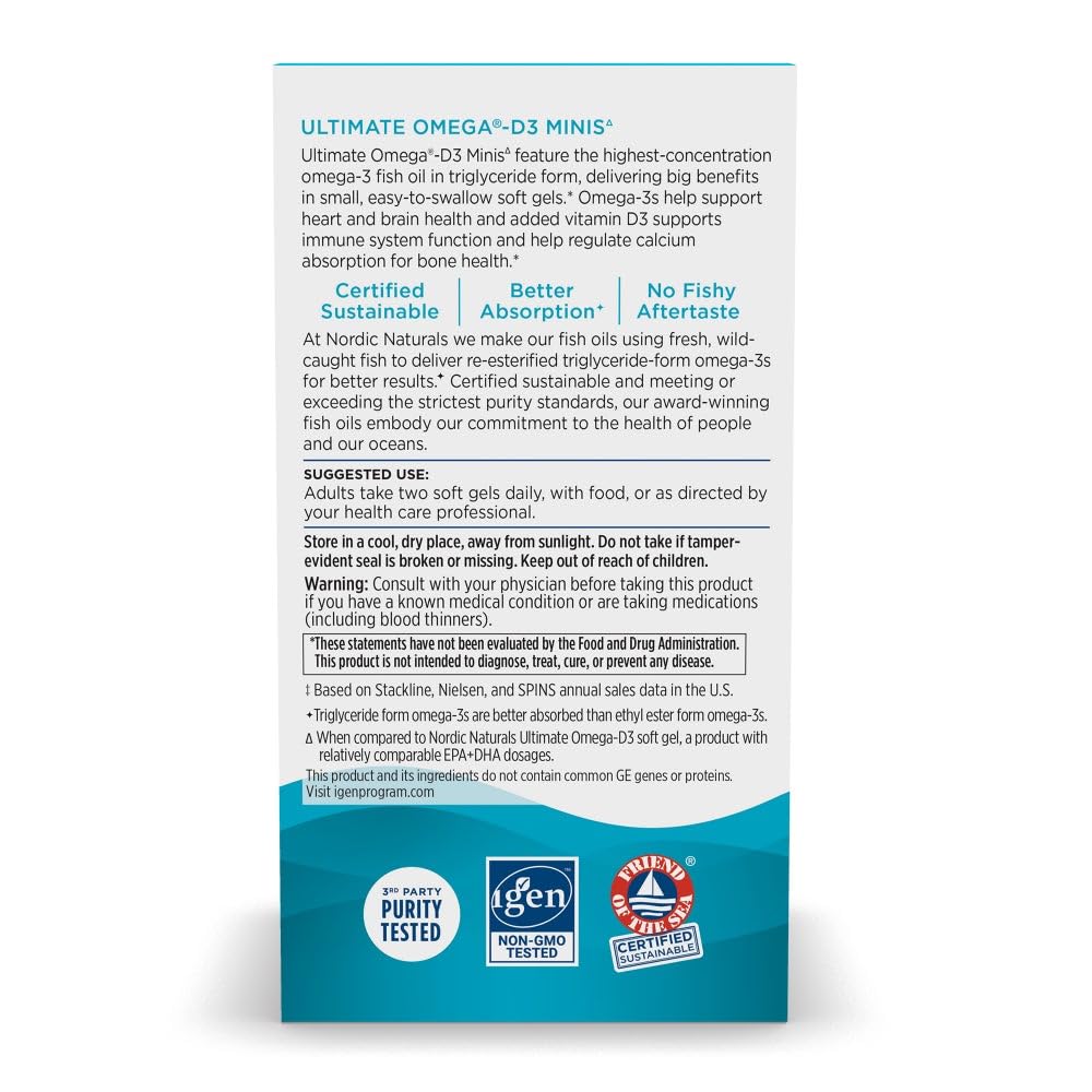 Nordic Naturals Ultimate Omega Mini D3 soft gels close-up highlighting mini size for easy swallowing