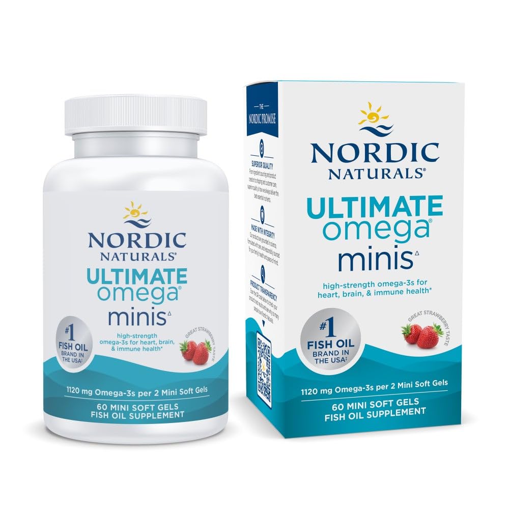  Nordic Naturals Ultimate Omega Minis strawberry bottle front highlights flavor and high-potency omega-3.