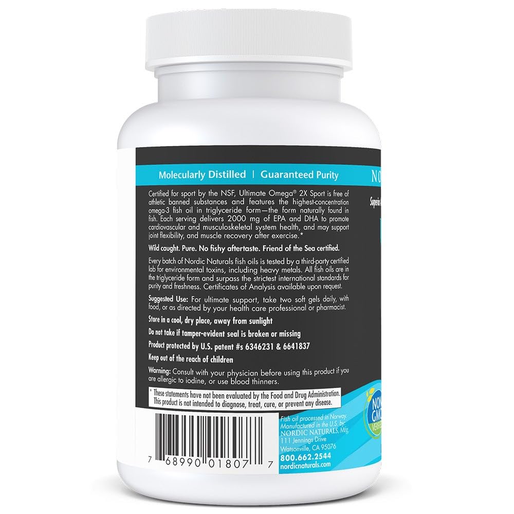 Nordic Naturals Ultimate Omega Sport 2X bottle with dumbbells, supporting active recovery.