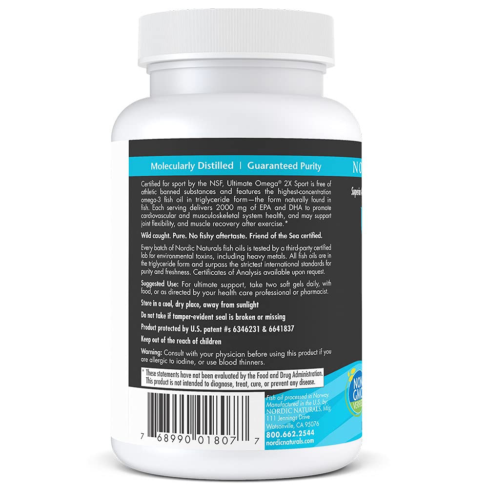 Nordic Naturals Ultimate Omega Sport 2X NSF-certified for Sport seal on bottle.