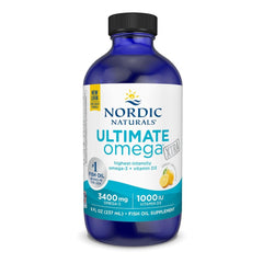 Nordic Naturals Ultimate Omega Xtra Liquid Lemon bottle on shelf supports heart and brain health.