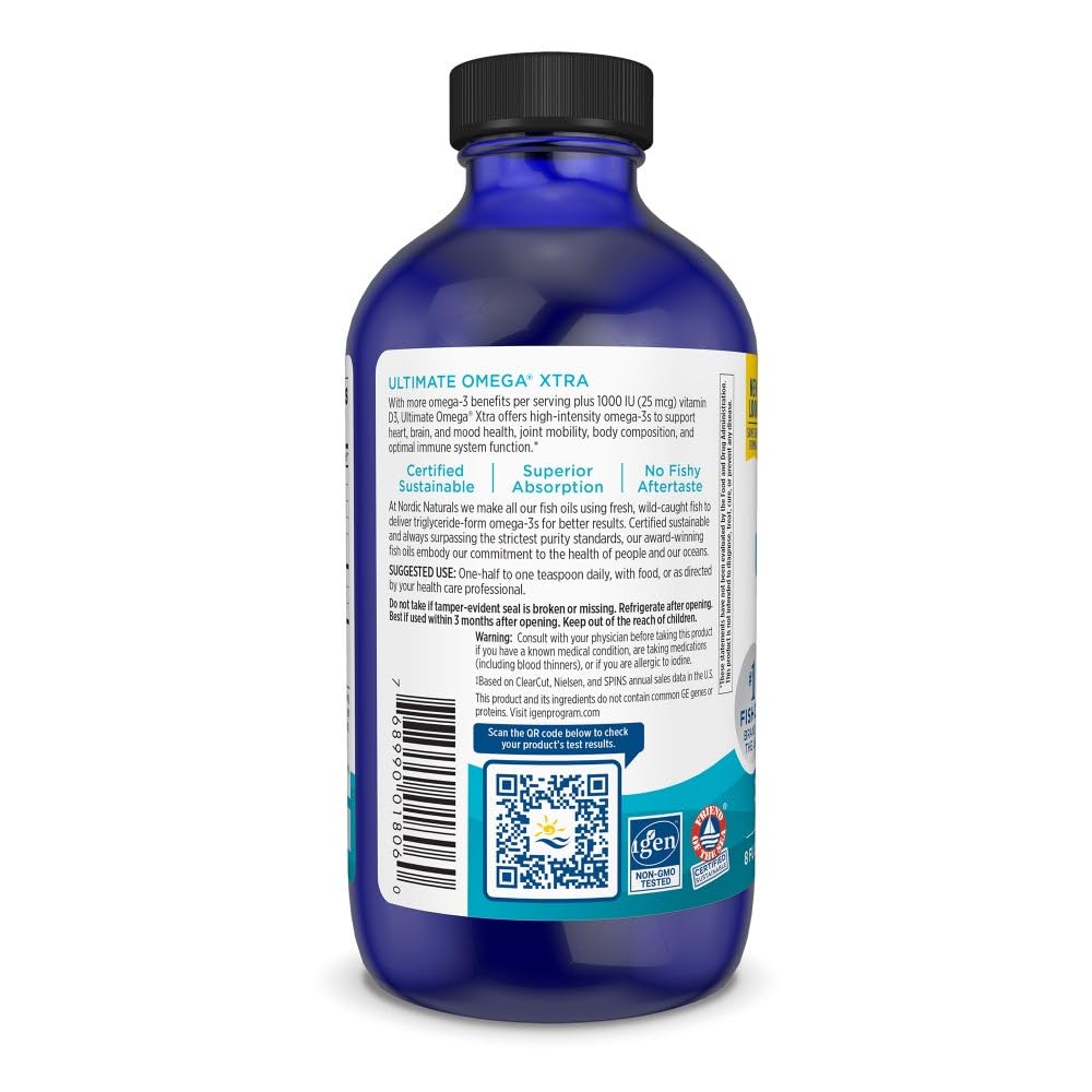 Close-up of the Lemon label on Nordic Naturals Ultimate Omega Xtra Liquid highlighting omega-3 quality.