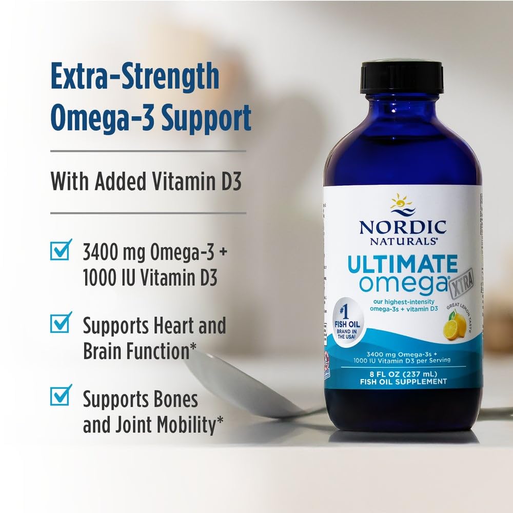 Nordic Naturals Ultimate Omega Xtra Liquid Lemon label emphasizes non-GMO.