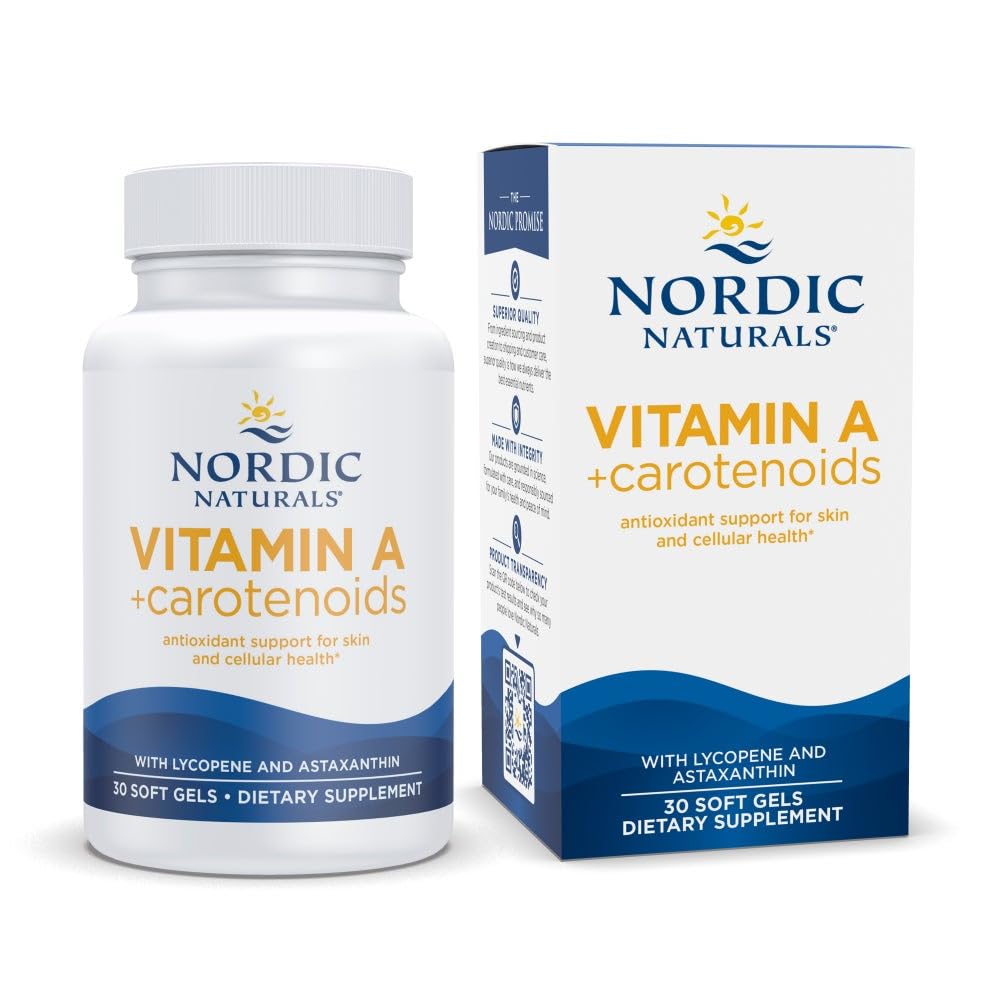 Nordic Naturals Vitamin A + Carotenoids bottle front showing easy-to-swallow soft gels for daily antioxidant support.