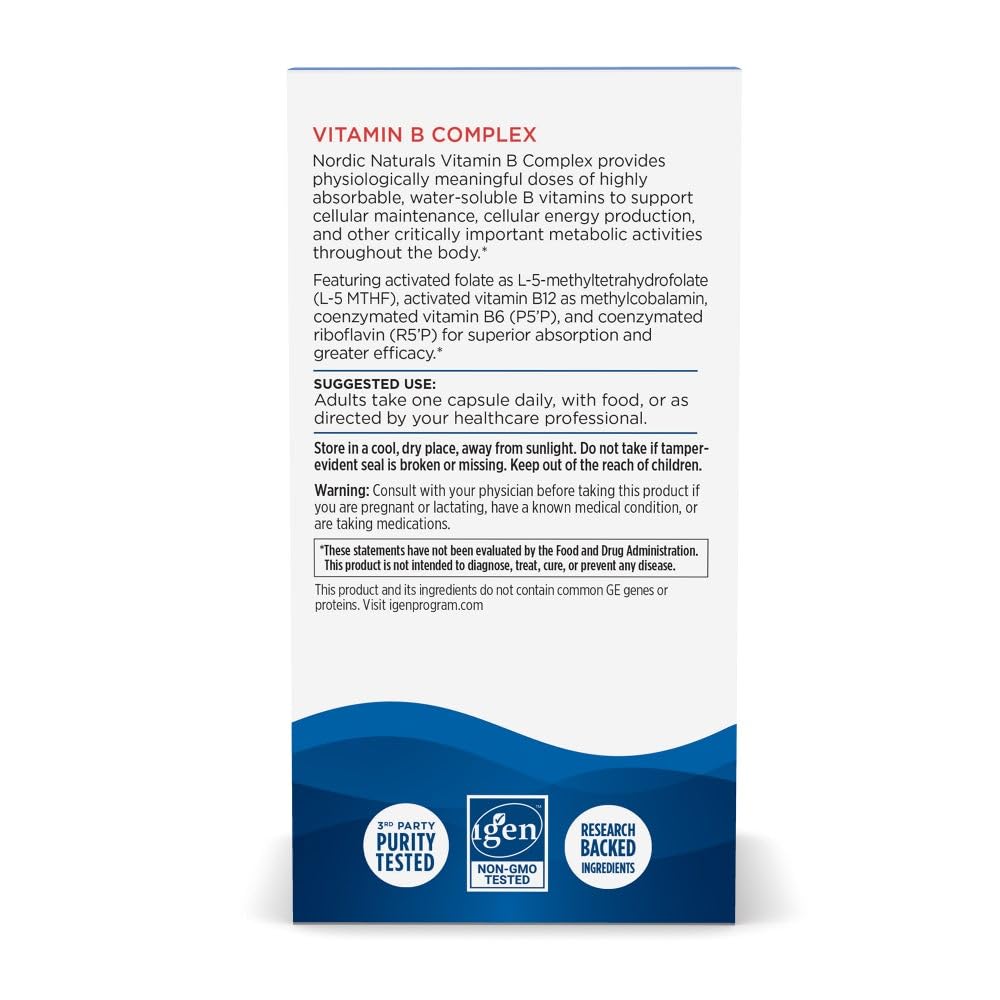 Label close-up of Nordic Naturals Vitamin B Complex highlighting vegan and non-GMO claims.