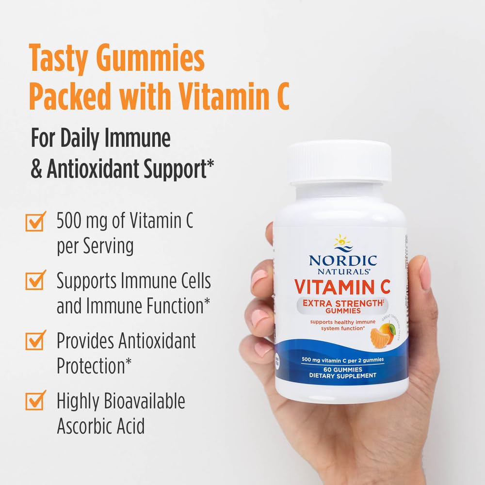 Nordic Naturals Vitamin C Extra Strength Gummies Tangerine vegan gluten-free symbols; third-party tested quality.