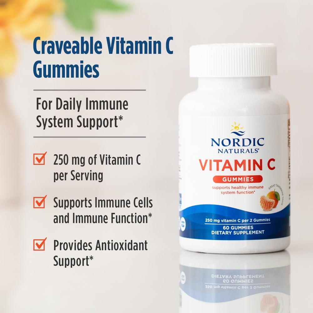 Nordic Naturals Vitamin C Gummies show gluten-free and dairy-free icons.