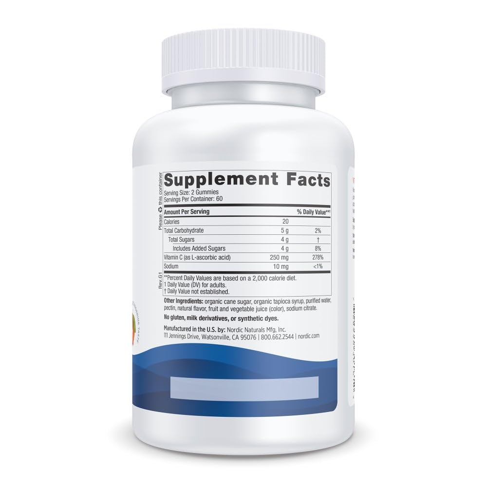 Nordic Naturals Vitamin C Gummies label shows vegan and non-GMO credentials.