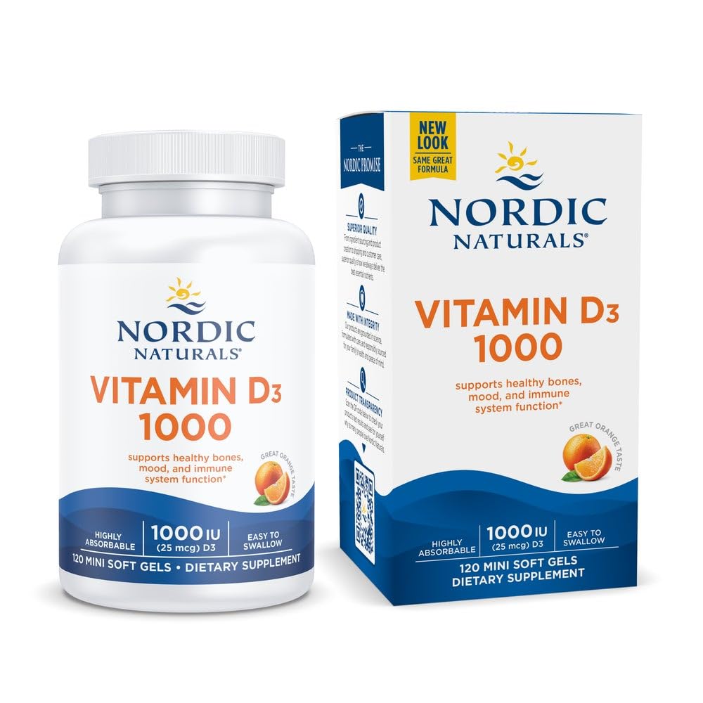 Nordic Naturals Vitamin D3 1000 orange mini soft gels bottle for convenient daily bone support.