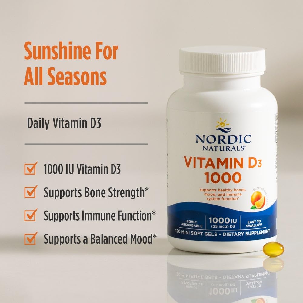 Nordic Naturals Vitamin D3 1000 orange mini soft gels packaging on display.