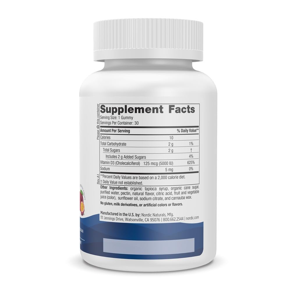 Nordic Naturals Vitamin D3 5000 Gummies label close-up shows purity and non-GMO formula