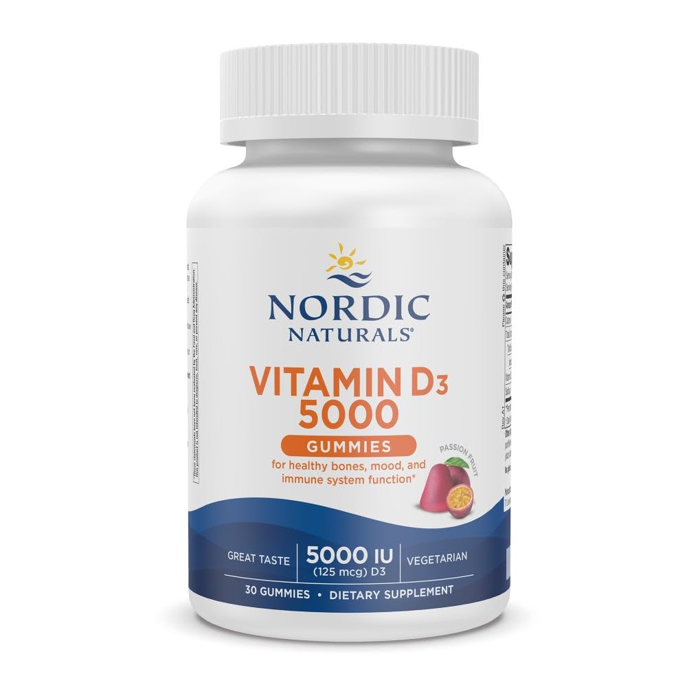 Nordic Naturals Vitamin D3 5000 Gummies bottle view highlights flavor and daily use