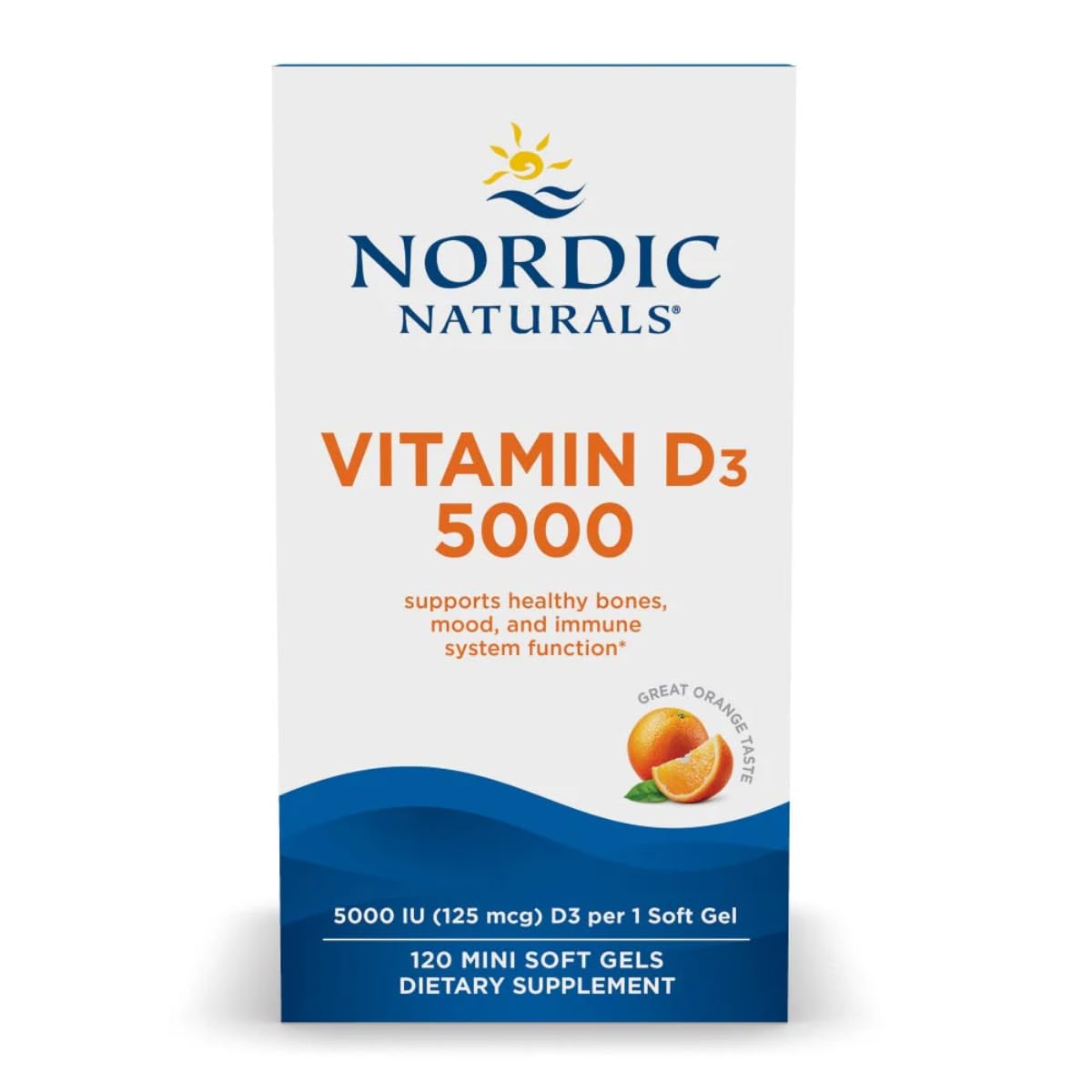 Nordic Naturals Vitamin D3 5000 orange mini soft gels pour for daily bone support