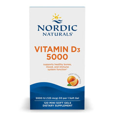 Nordic Naturals Vitamin D3 5000 orange mini soft gels pour for daily bone support