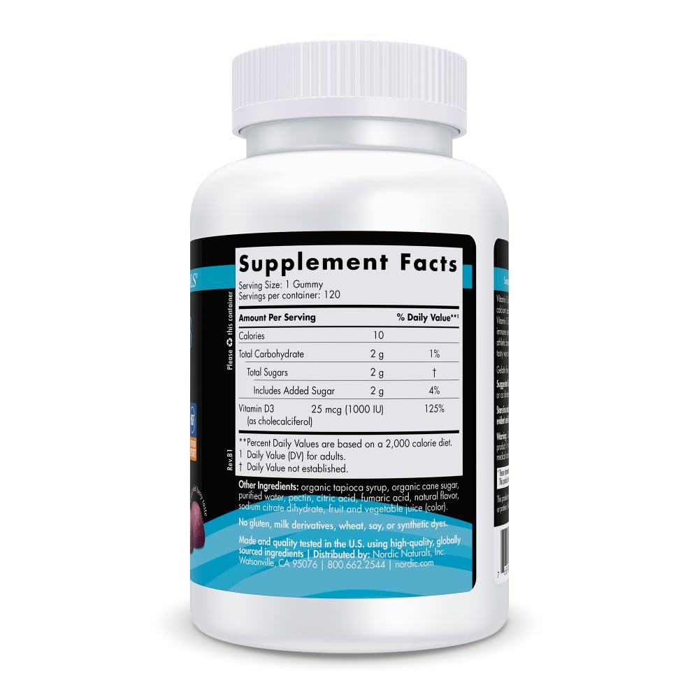 Nordic Naturals Vitamin D3 Gummies Sport back label detailing ingredients and nutrition