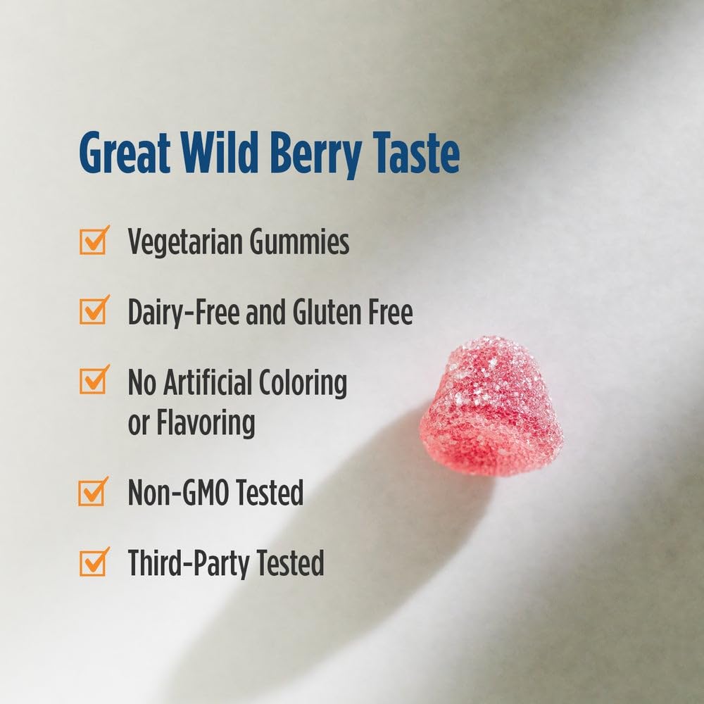Nordic Naturals Vitamin D3 Gummies Wild Berry bottle label: non-GMO, dairy-free, no artificial colors