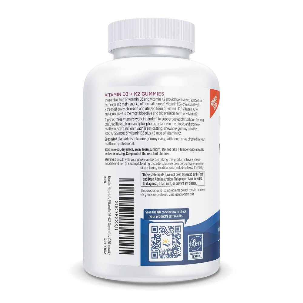 Nordic Naturals Vitamin D3 + K2 Gummies label highlights non-GMO, dairy-free quality.