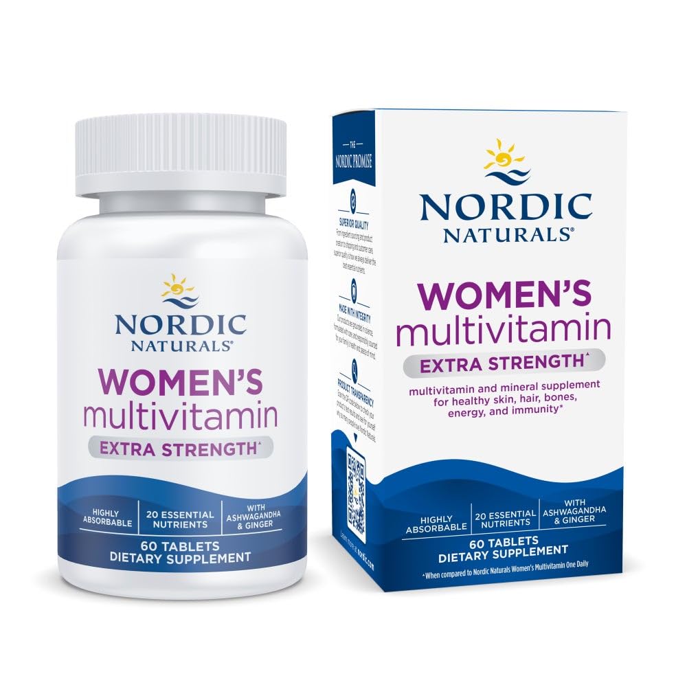 Nordic Naturals Women’s Multivitamin Extra Strength bottle on counter supports daily energy.