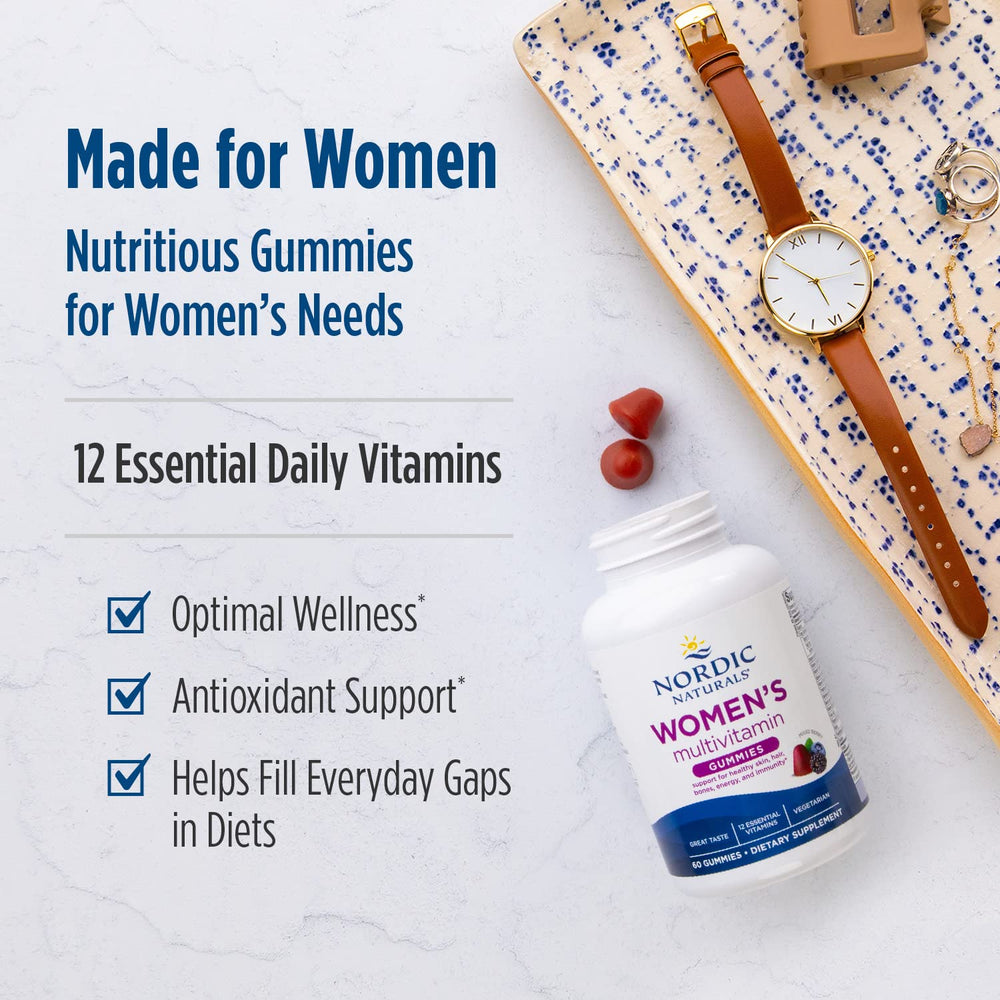 Nordic Naturals Women's Multivitamin Gummies non-GMO sticker signals purity and quality.