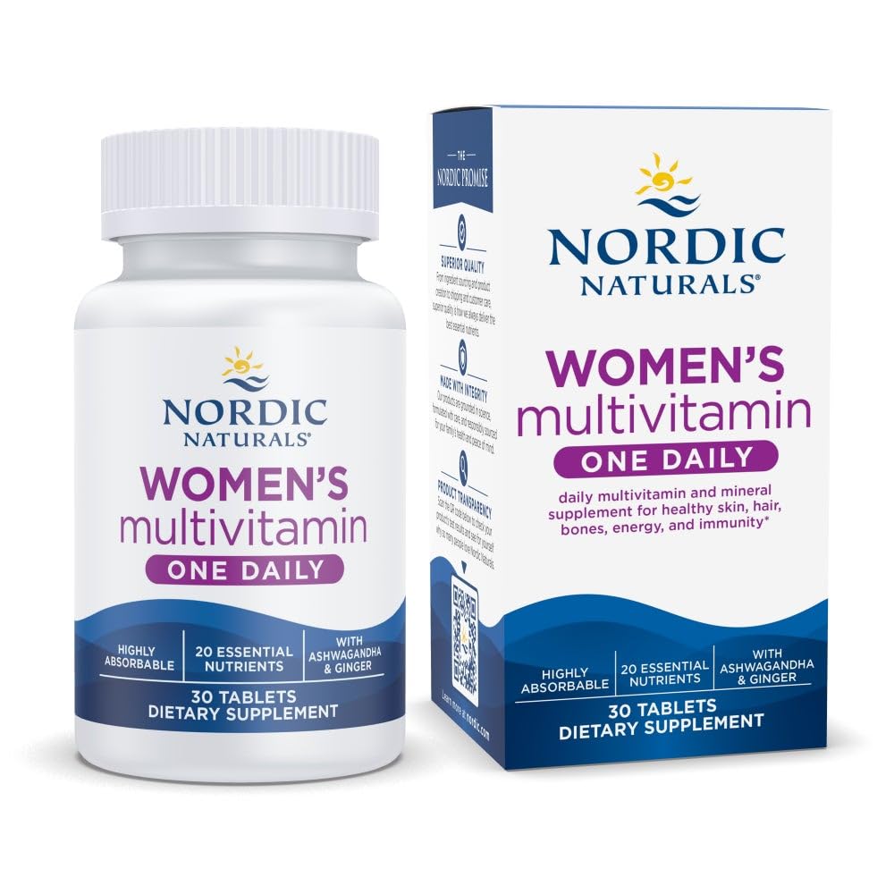 Nordic Naturals Women’s Multivitamin One Daily bottle on a kitchen counter for daily wellness