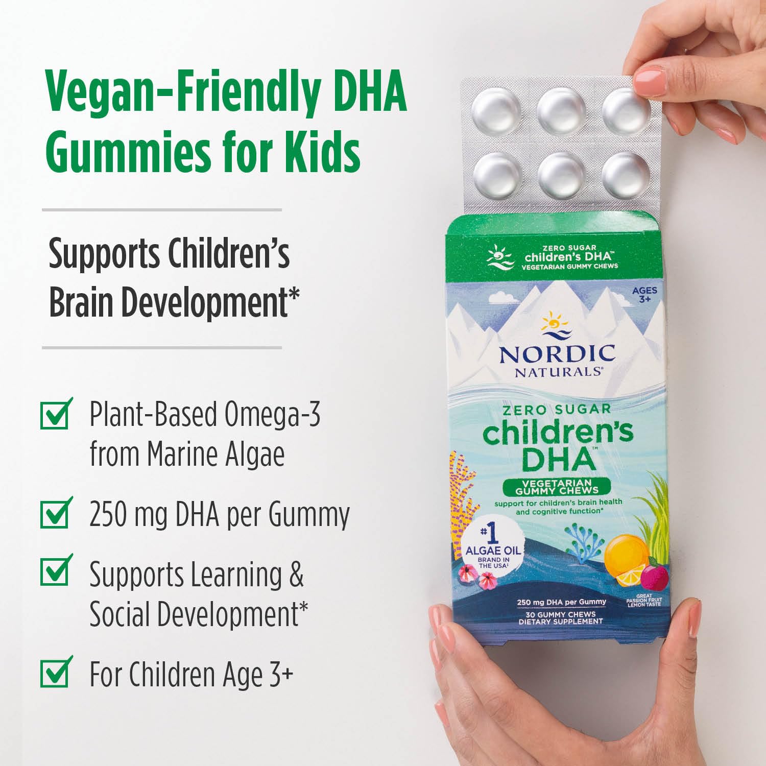 A child takes a Nordic Naturals Zero Sugar DHA gummy for daily support.