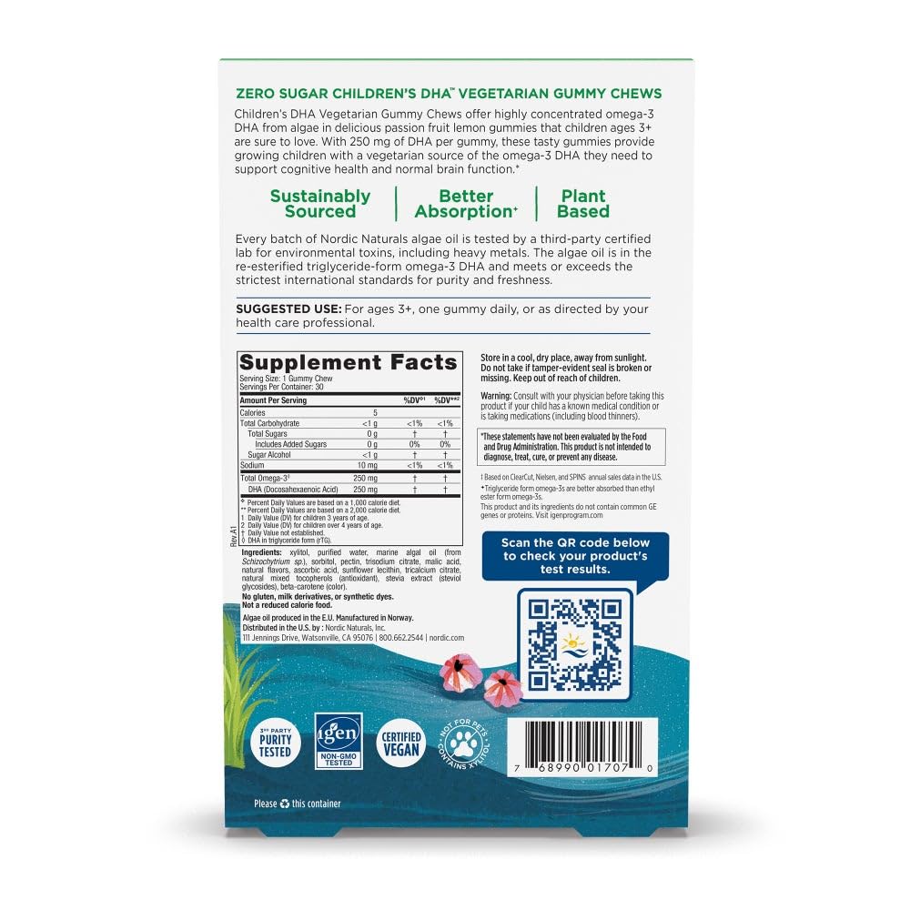 Nordic Naturals Zero Sugar DHA gummies close-up shows a soft chew texture.