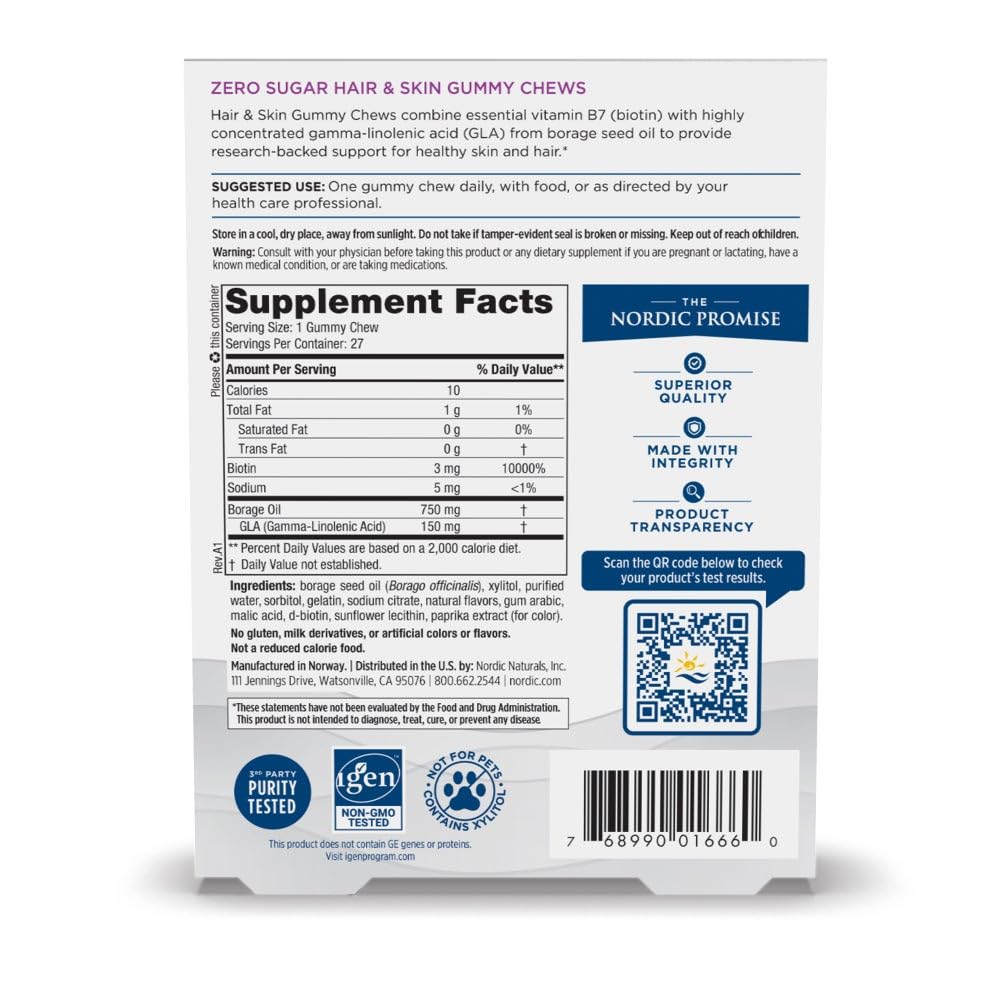 Nordic Naturals Zero Sugar Hair & Skin Gummies closeup shows chewy texture for daily routine.