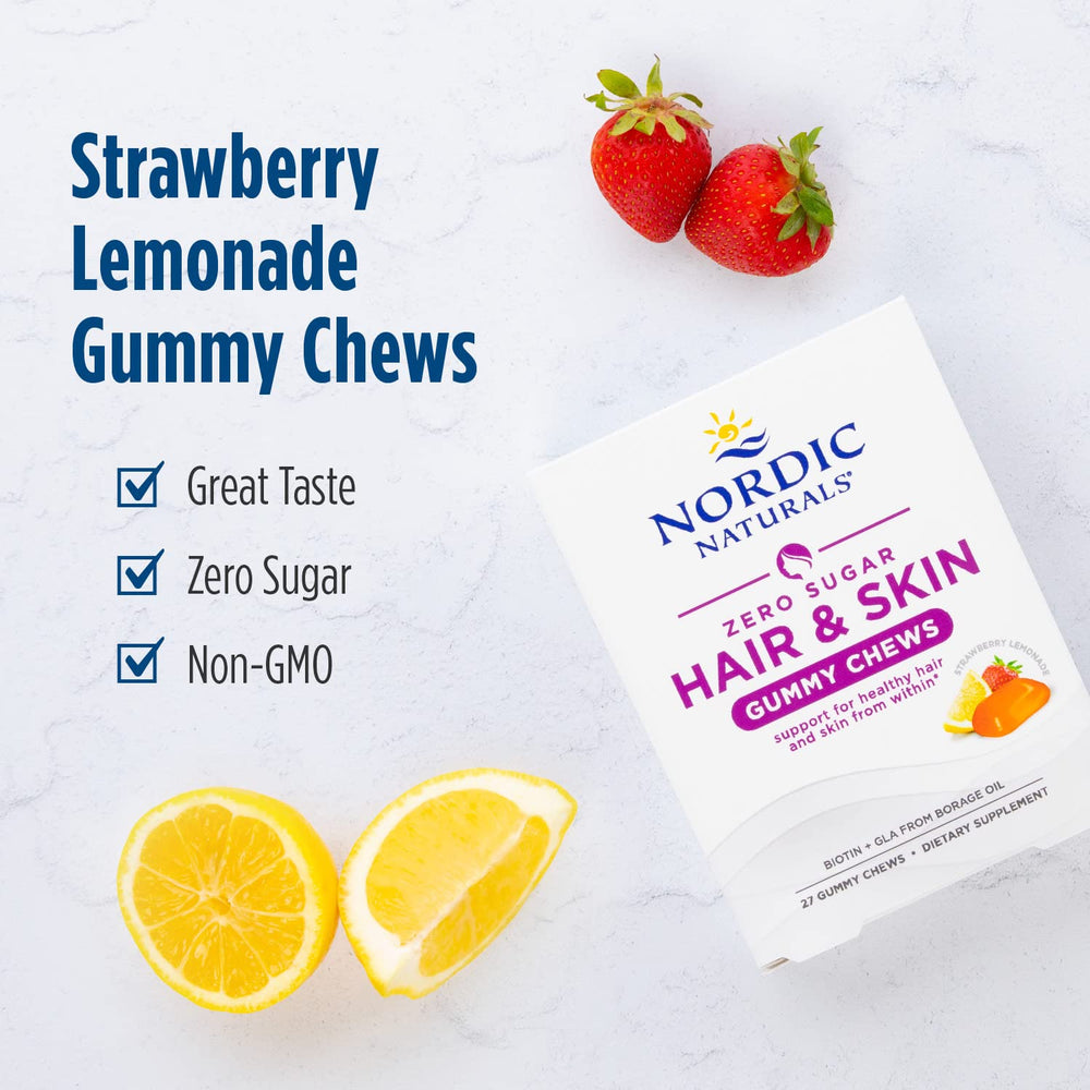 Nordic Naturals Zero Sugar Hair & Skin Gummies non-GMO label close-up.