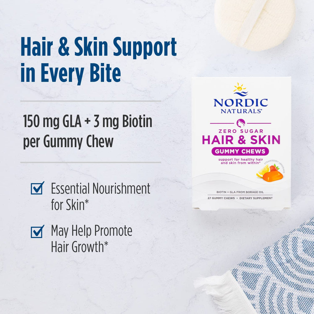 Nordic Naturals Zero Sugar Hair & Skin Gummies strawberry-lemonade flavor on-pack image.