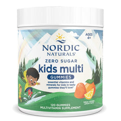 Nordic Naturals Zero Sugar Kids Multi Gummies bottle showing orange lemon flavor for daily nutrition