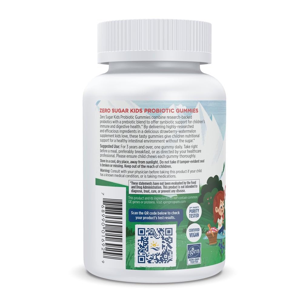 Nordic Naturals Zero Sugar Kids Probiotic Gummies label highlights vegan and non-GMO attributes.