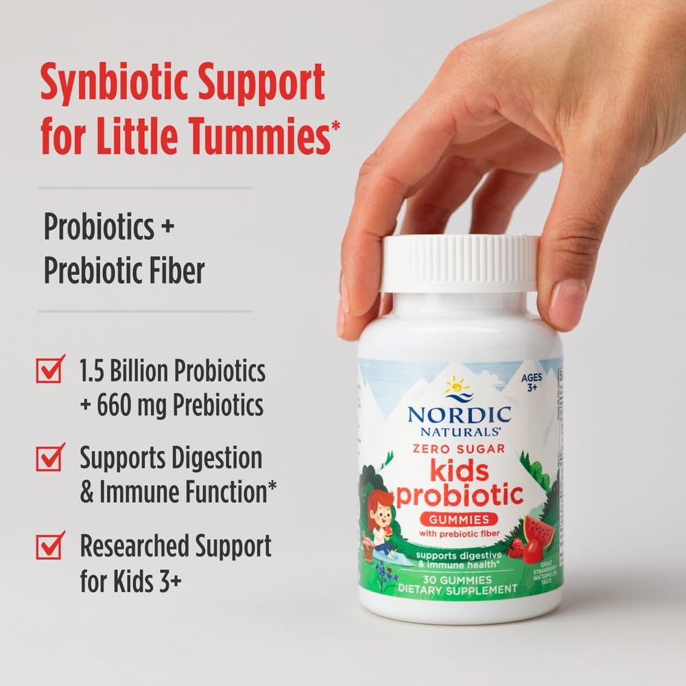 Nordic Naturals Zero Sugar Kids Probiotic Gummies allergen-free badge indicating gluten-free dairy-free status.