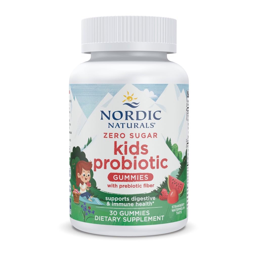 Nordic Naturals Zero Sugar Kids Probiotic Gummies bottle with strawberry-watermelon flavor for daily gut support.