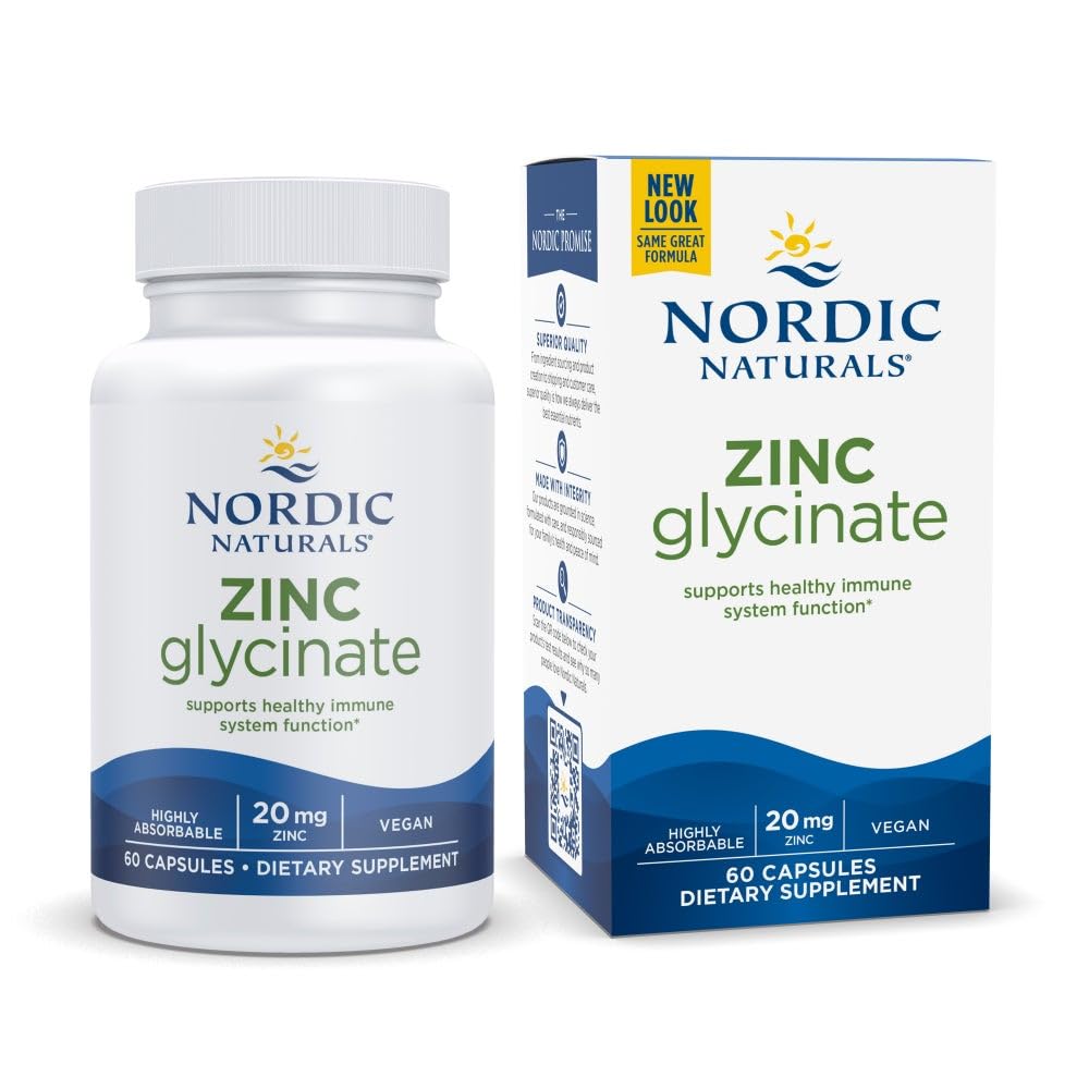 Nordic Naturals Zinc Glycinate bottle and capsules for daily wellness.