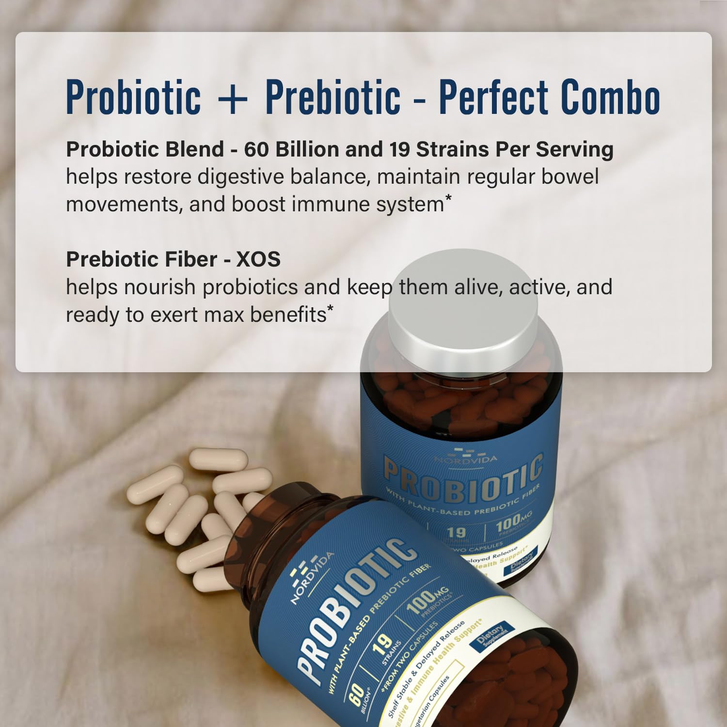 NordVida Probiotic XOS prebiotic label highlights organic prebiotic support