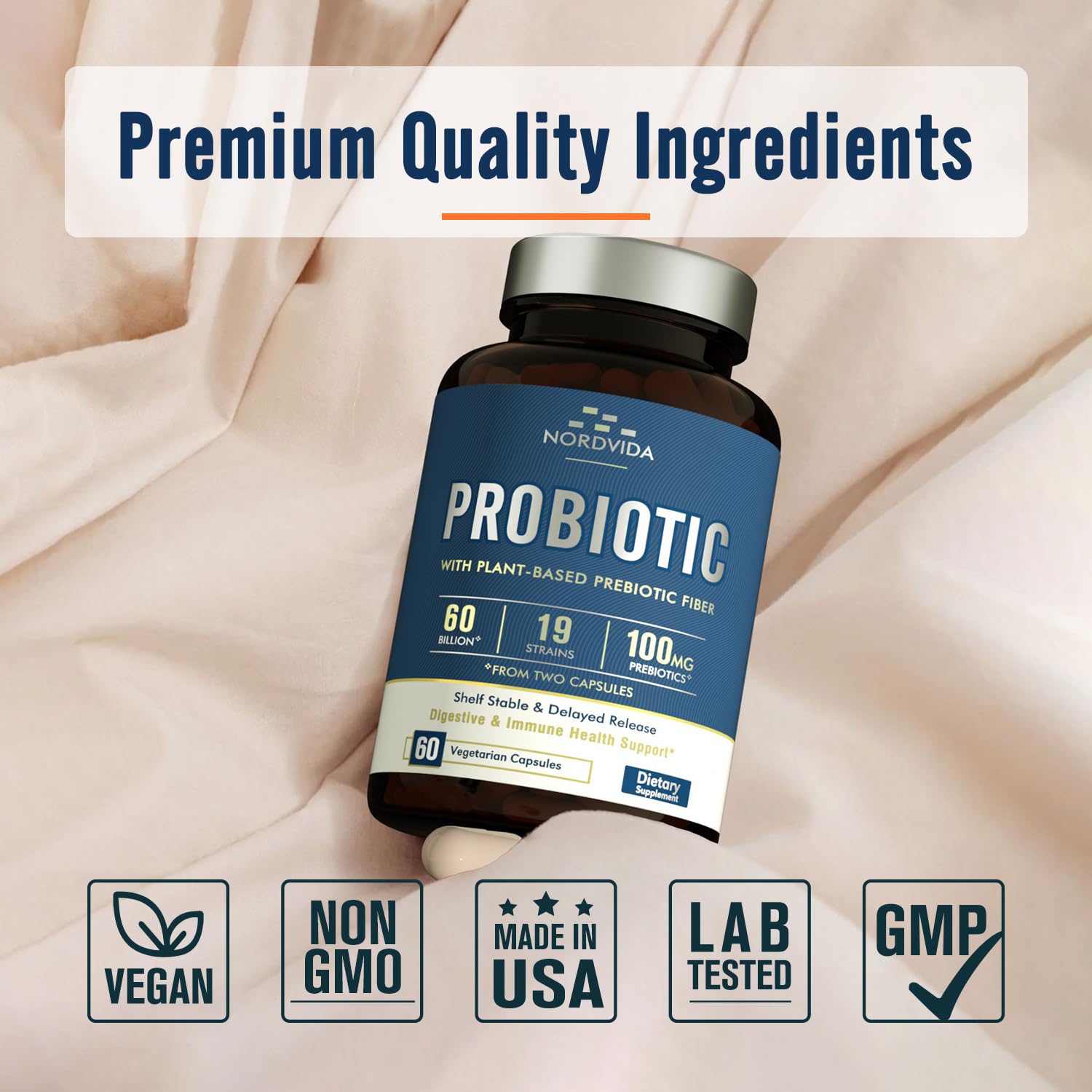 NordVida Probiotic 60Billion bottle communicates high-potency formulation for digestion