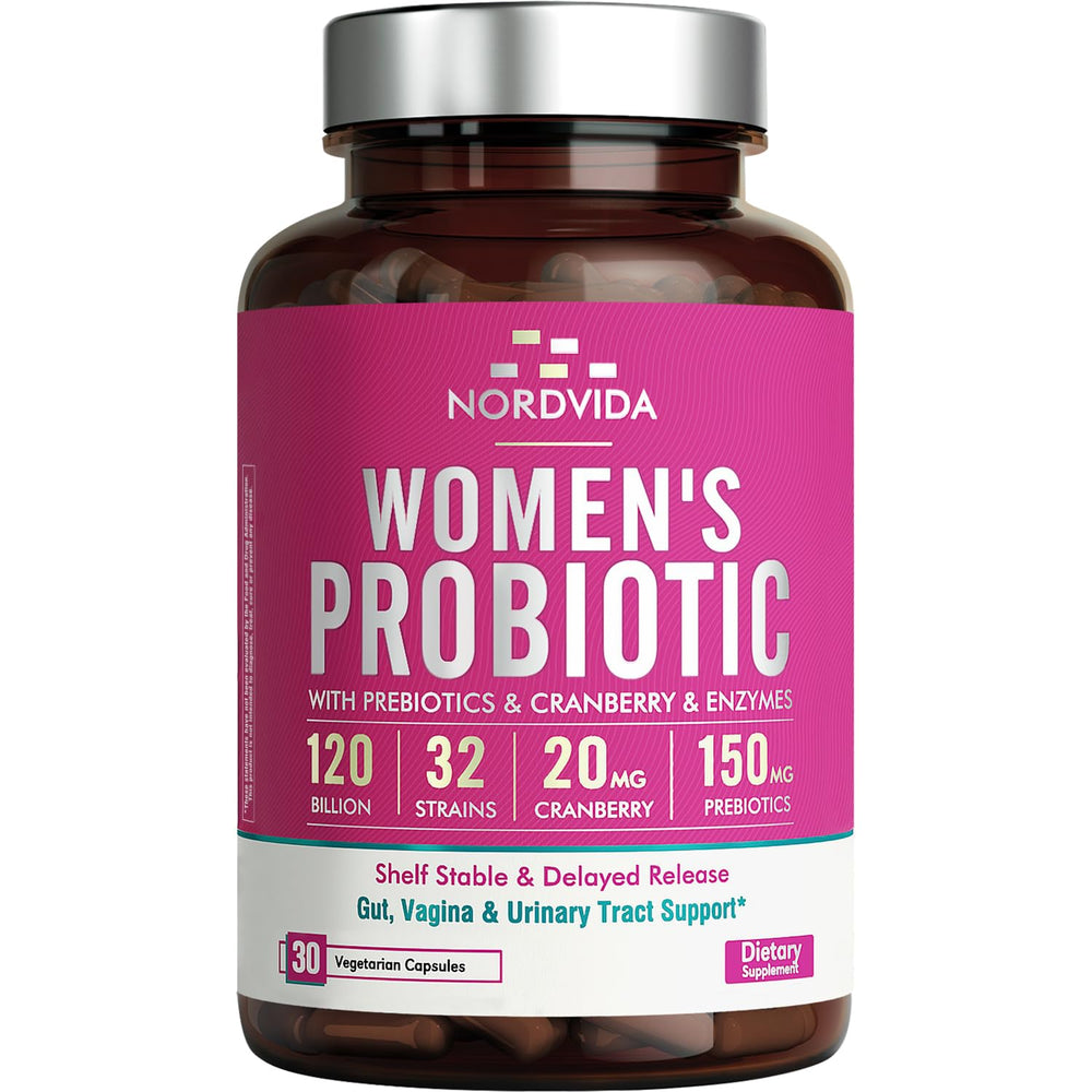 NordVida Women's Probiotic bottle front with 120B cultures for daily gut support.